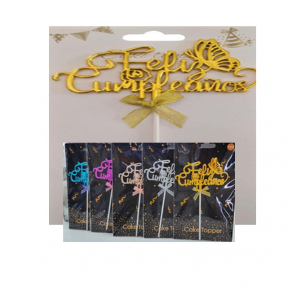 TOPPER FELIZ CUMPLEAÑOS CROMADO MARIPOSA