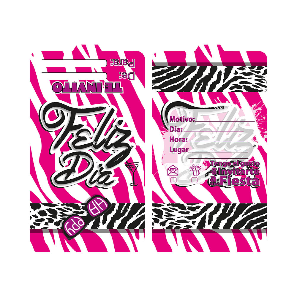 TARJETA TEMATICO X 12 ANIMAL PRINT FUCSIA