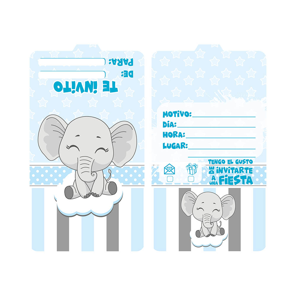 TARJETA TEMATICO X 12 ELEFANTE GRIS AZUL