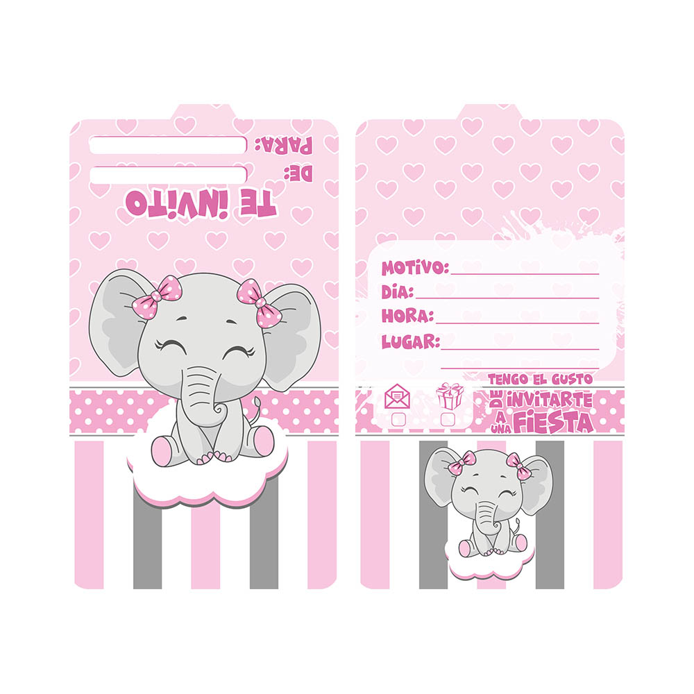 TARJETA TEMATICO X 12 ELEFANTE GRIS ROSADO