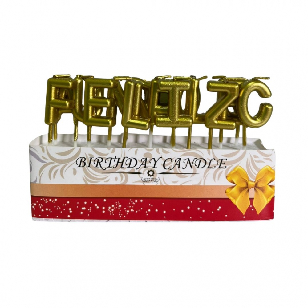 VELA LETRAS FELIZ CUMPLEAÑOS METALIZADA  DORADO