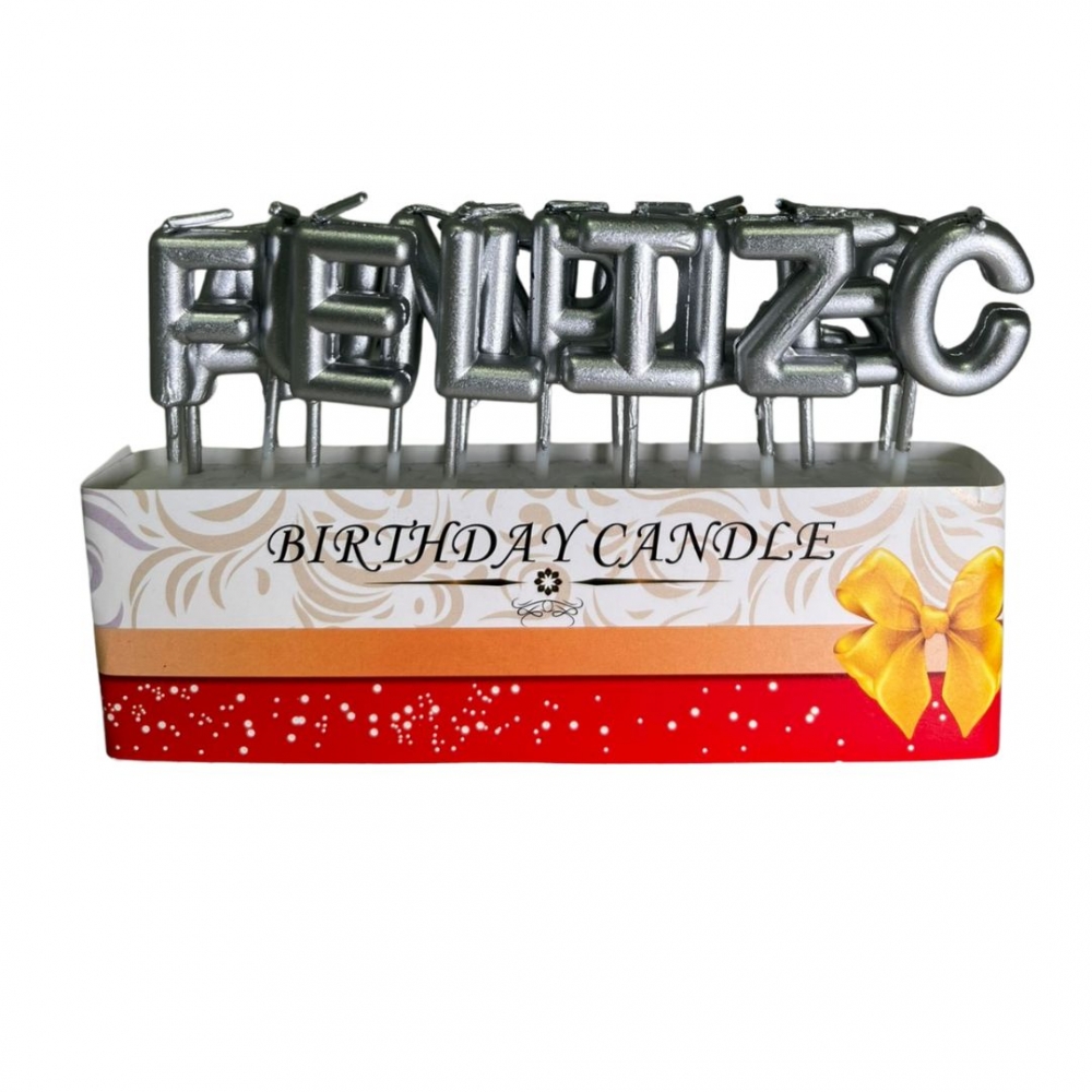 VELA LETRAS FELIZ CUMPLEAÑOS METALIZADA  PLATEADO