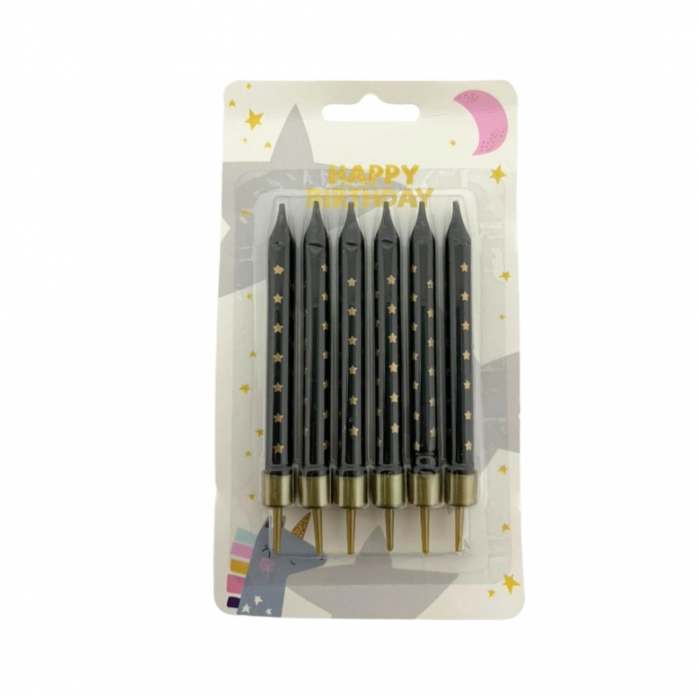 VELA PALITO PEQUEÑA ESTRELLAS X 6  NEGRO%20-%20DORADO<br>