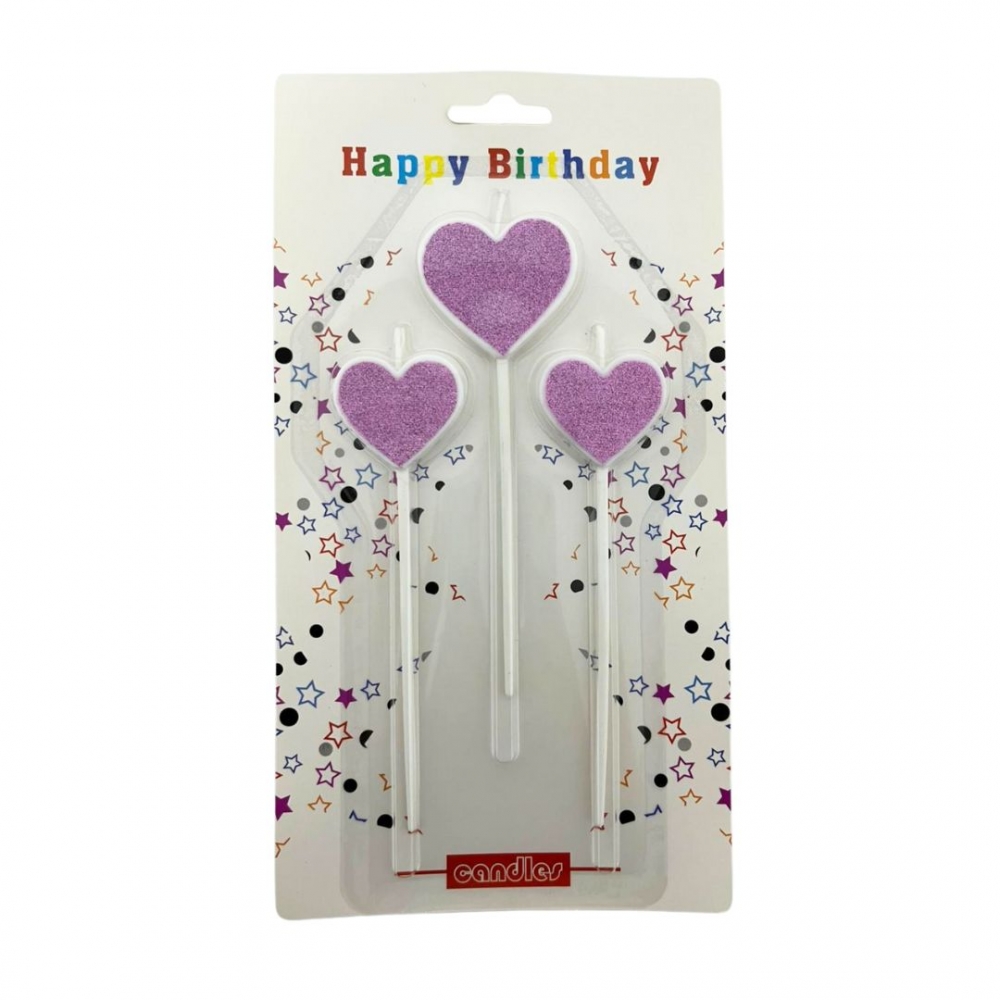 VELA PALITO CORAZON ESCARCHADA X 3  FUCSIA