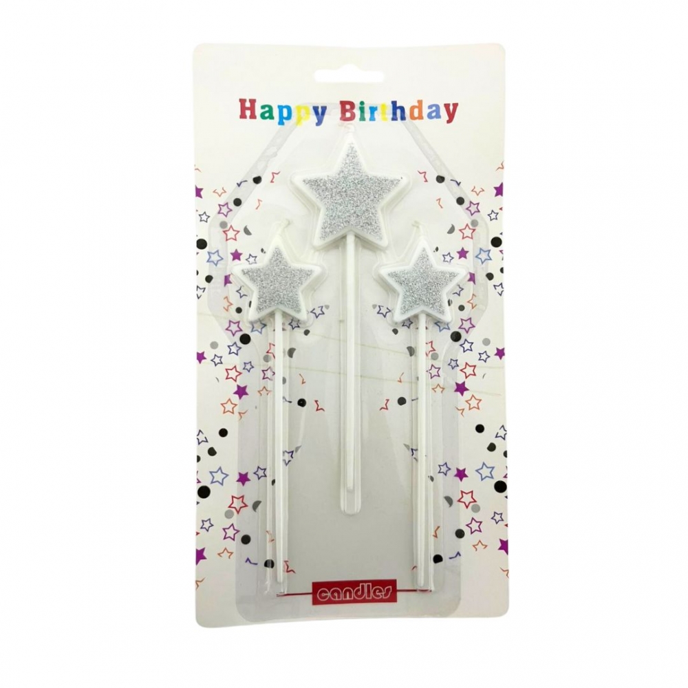 VELA PALITO ESTRELLA ESCARCHADA X 3  PLATEADO<br>